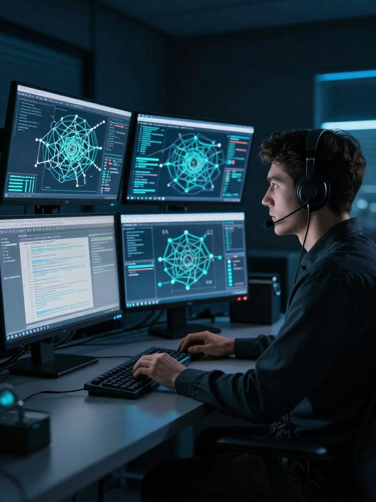 SOC analyst at multi-monitor workstation